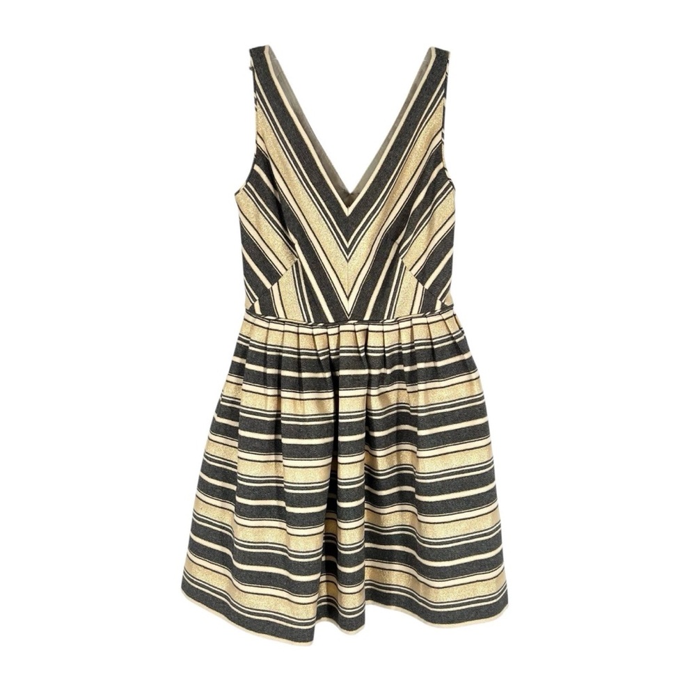 J Crew Factory Dress Womens Size 0P Gold Metallic Stripe V-Neck Sleeveless